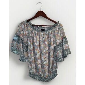 Womens Gigio Boho Peasant Green Floral Stretch Neck Blouse Size Medium